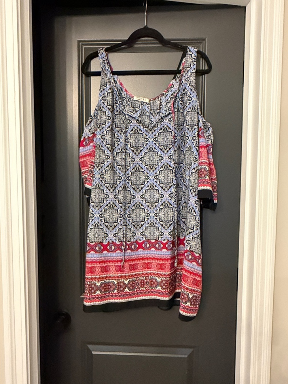 West K Cold-Shoulder Printed Dress in Blue and Red